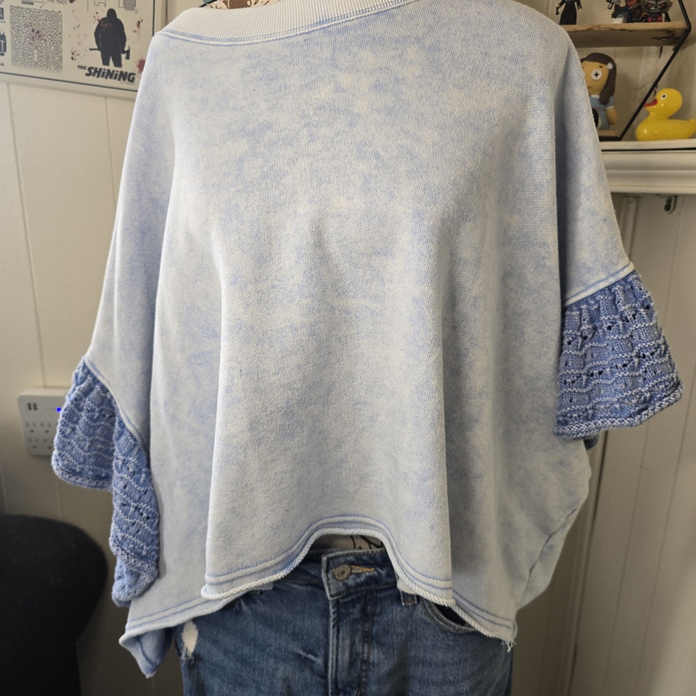 ARULA Light Blue Washed Pullover with Crochet Sleeve Panels
